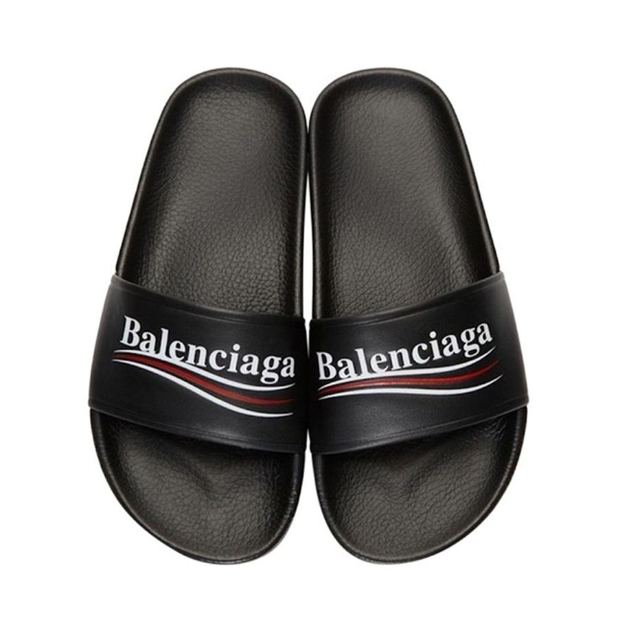 Dép Balenciaga Campaign Black Leather White Logo Backless Màu Đen