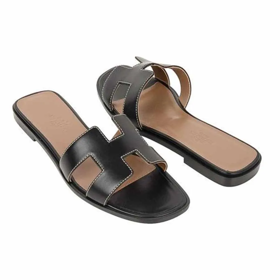 Dép Hermès Flat Oran Sandal Black Calfskin Màu Đen Nâu Size 35