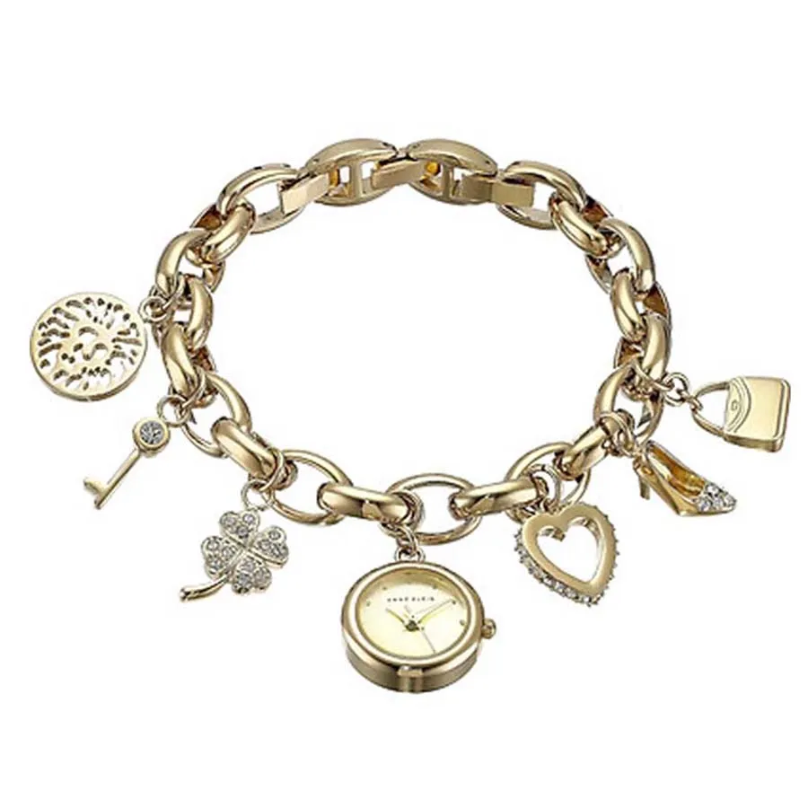 Anne Klein - Đồng Hồ Dạng Lắc Anne Klein Women's 10-7604CHRM Swarovski Crystal Gold-Tone Charm Bracelet Watch - Vua Hàng Hiệu