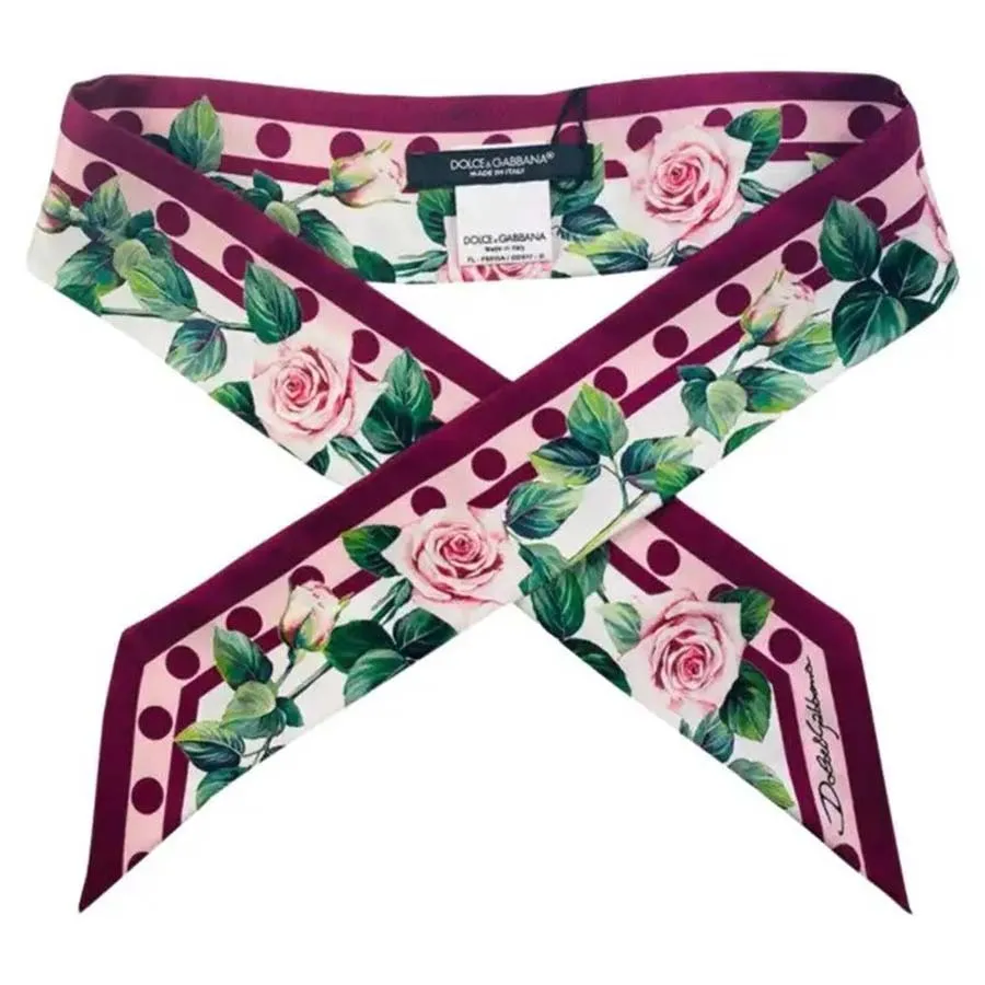 Khăn Quàng Cổ Dolce & Gabbana D&G Red Pink Silk Rose Dots Headscarf Tie Flowers Phối Màu