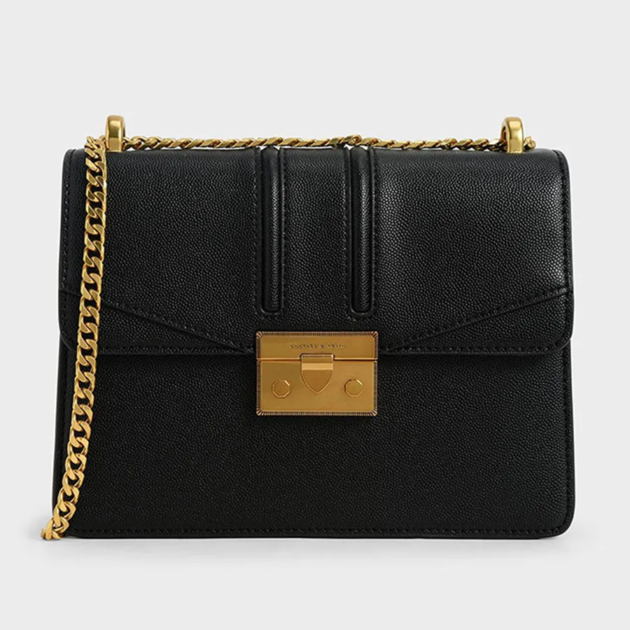 Túi Đeo Chéo Nữ Charles & Keith CNK Metallic Push-Lock Shoulder Bag Ultra-Matte 21200009-5 Màu Đen Khóa Vàng