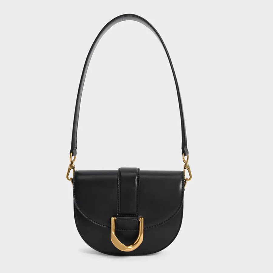 Túi Đeo Vai Nữ Charles & Keith CNK Metallic Buckle Saddle Bag Màu Đen Size 18cm