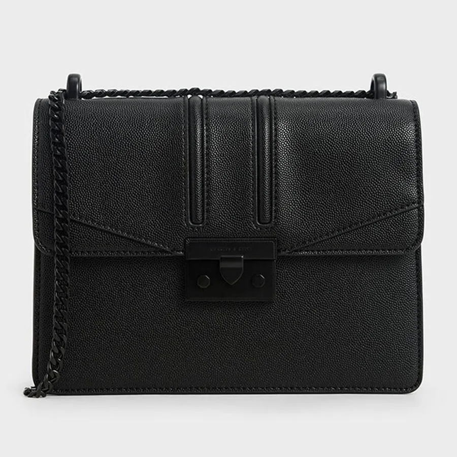 Túi Xách Nữ Charles & Keith CNK Metallic Push-Lock Shoulder Bag Ultra-Matte Black CK2-21200009-5 Màu Đen Khóa Đen