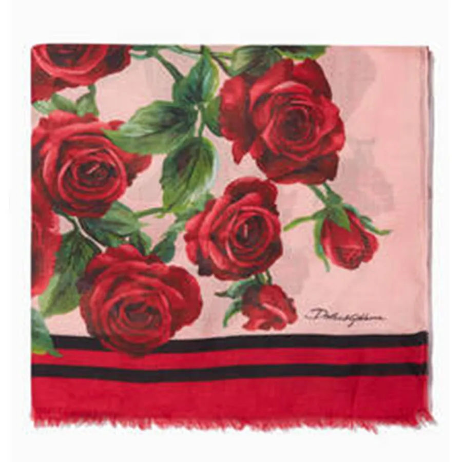 Dolce & Gabbana Khăn quàng cổ - Khăn Quàng Cổ Dolce & Gabbana D&G Pink Rose Print Cashmere Scarf Họa Tiết Hoa Hồng - Vua Hàng Hiệu