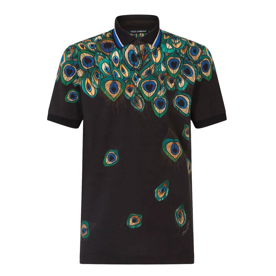 Dolce & Gabbana - Áo Phông Nam Dolce & Gabbana D&G Cotton Feather-Print Piqué Polo Shirt In Black Họa Tiết Size 44 - Vua Hàng Hiệu