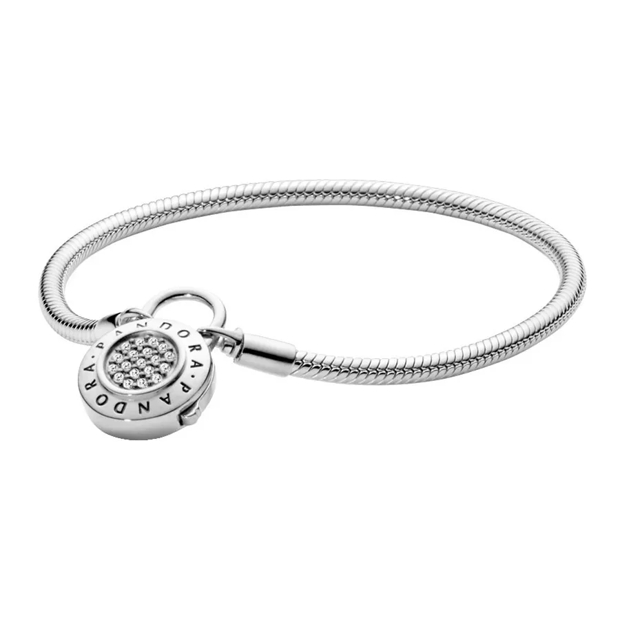 Vòng Đeo Tay Pandora Moments Pavé Padlock Clasp Snake Chain Bracelet  597092CZ Màu Bạc Size 17