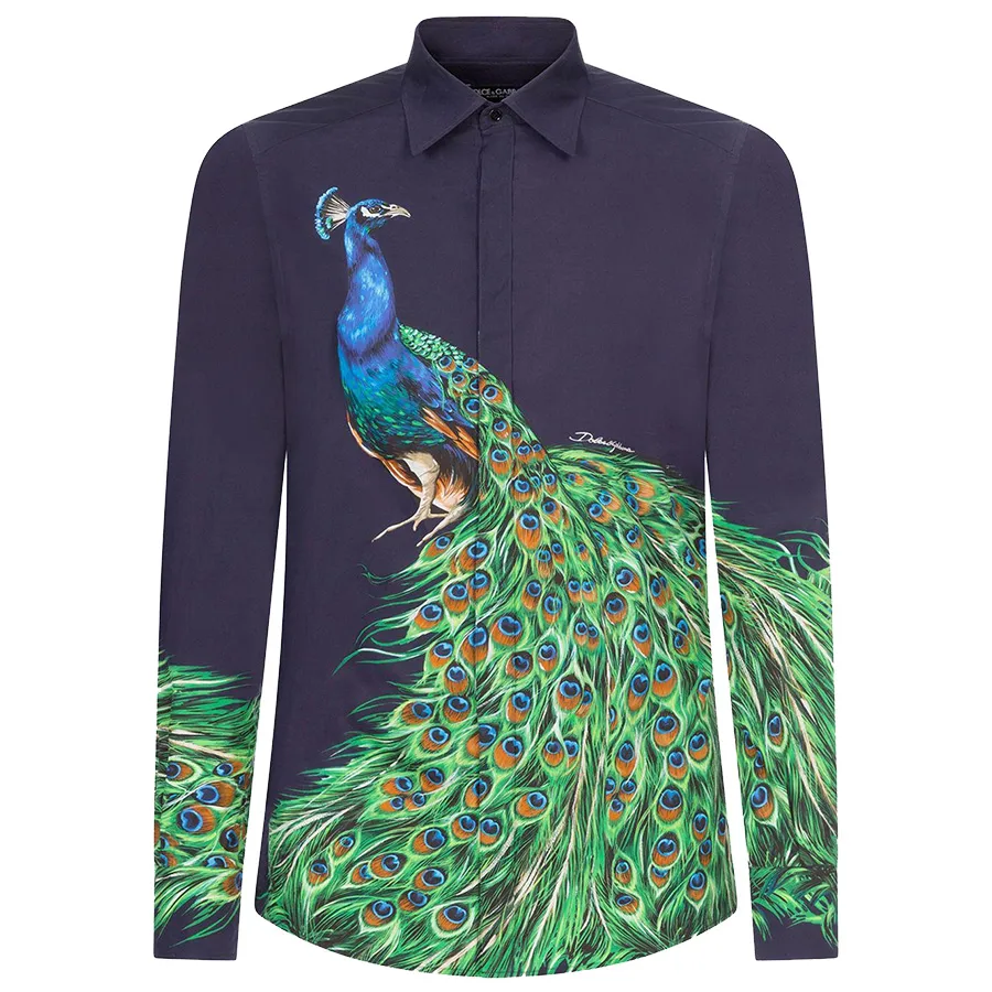 Thời trang Dolce & Gabbana Xanh navy - Áo Sơ Mi Nam Dolce & Gabbana D&G Men's Blue Peacock-Print Cotton Gold-Fit Shirt G5GB3T-HP57Z Màu Xanh Navy - Vua Hàng Hiệu