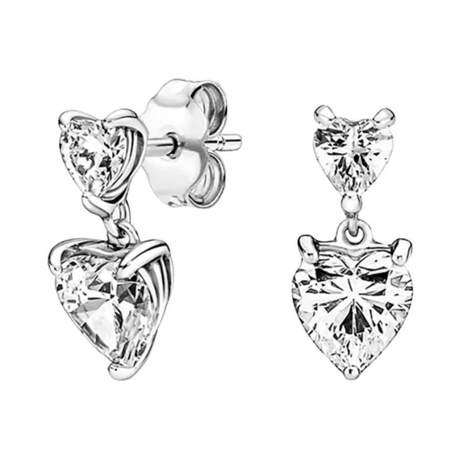 Khuyên Tai Pandora Double Heart Sparkling Stud Earrings 291199C01 Màu Bạc Vua Hàng Hiệu