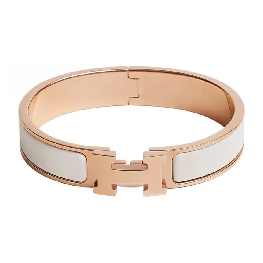 Trang sức Hermès - Vòng Đeo Tay Hermes Clic H Bracelet Bangle White Rose Gold Màu Trắng - Vàng Hồng - Vua Hàng Hiệu