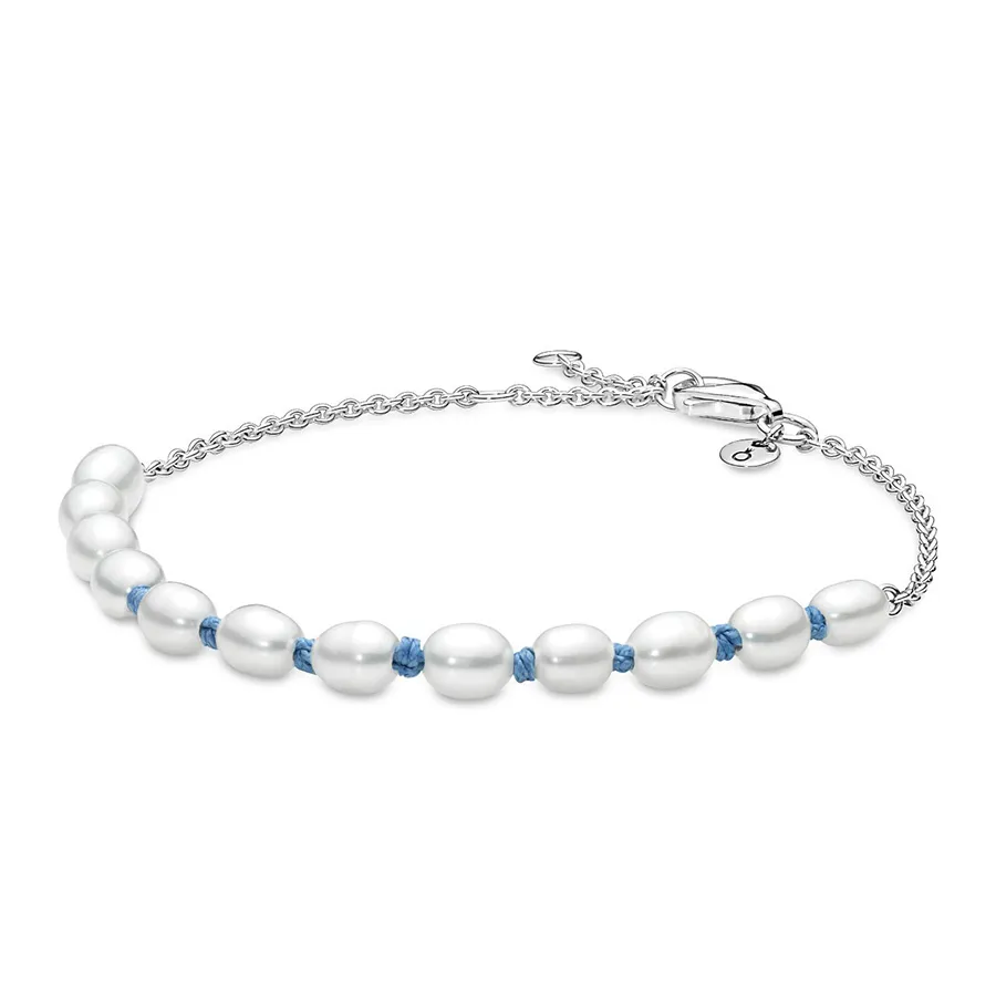 Pandora Trắng, bạc - Vòng Đeo Tay Pandora Freshwater Cultured Pearl Blue Cord Chain Bracelet 591689C01 Màu Trắng Bạc - Vua Hàng Hiệu