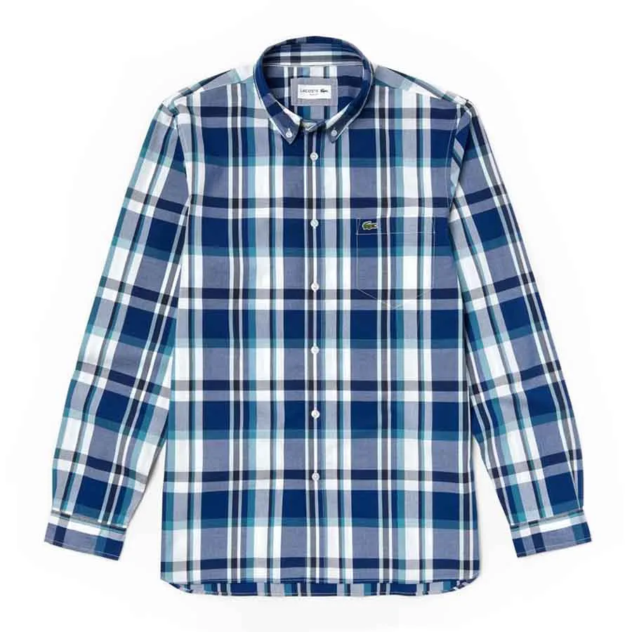Thời trang Xanh kẻ - Áo Sơ Mi Lacoste Men's Slim Fit Cotton Poplin Shirt CH6362-51 Màu Xanh Kẻ Size S - Vua Hàng Hiệu