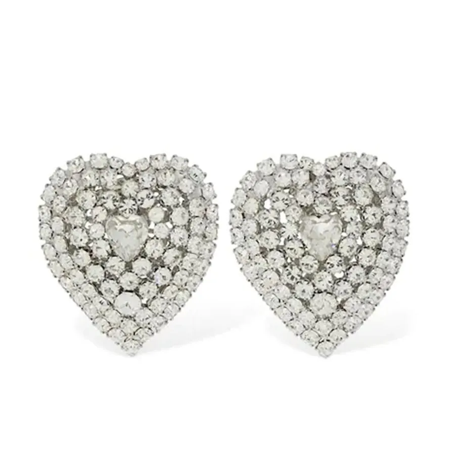 Alessandra Rich - Khuyên Tai Alessandra Rich Mini Crystal Heart Clip-On Earrings Màu Bạc - Vua Hàng Hiệu