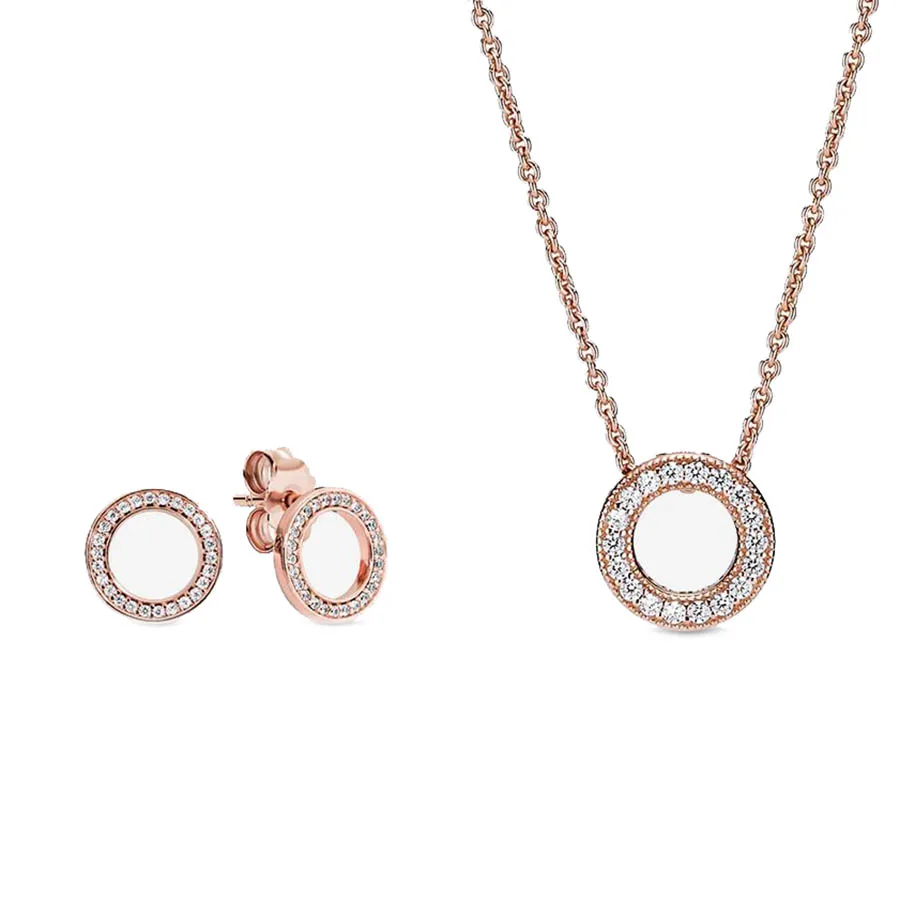 Trang sức Set Quà tặng - Set Dây Chuyền Và Khuyên Tai Pandora Sparkling Pave Circle Jewelry Gift Set Màu Vàng Hồng - Vua Hàng Hiệu