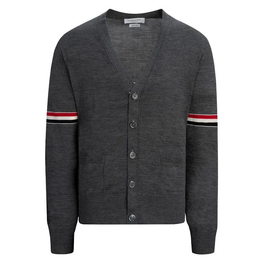 Áo Cardigan Thom Browne Grey RWB Armbands In Fine Merino Wool MKC410A Y1014 035 Màu Xám