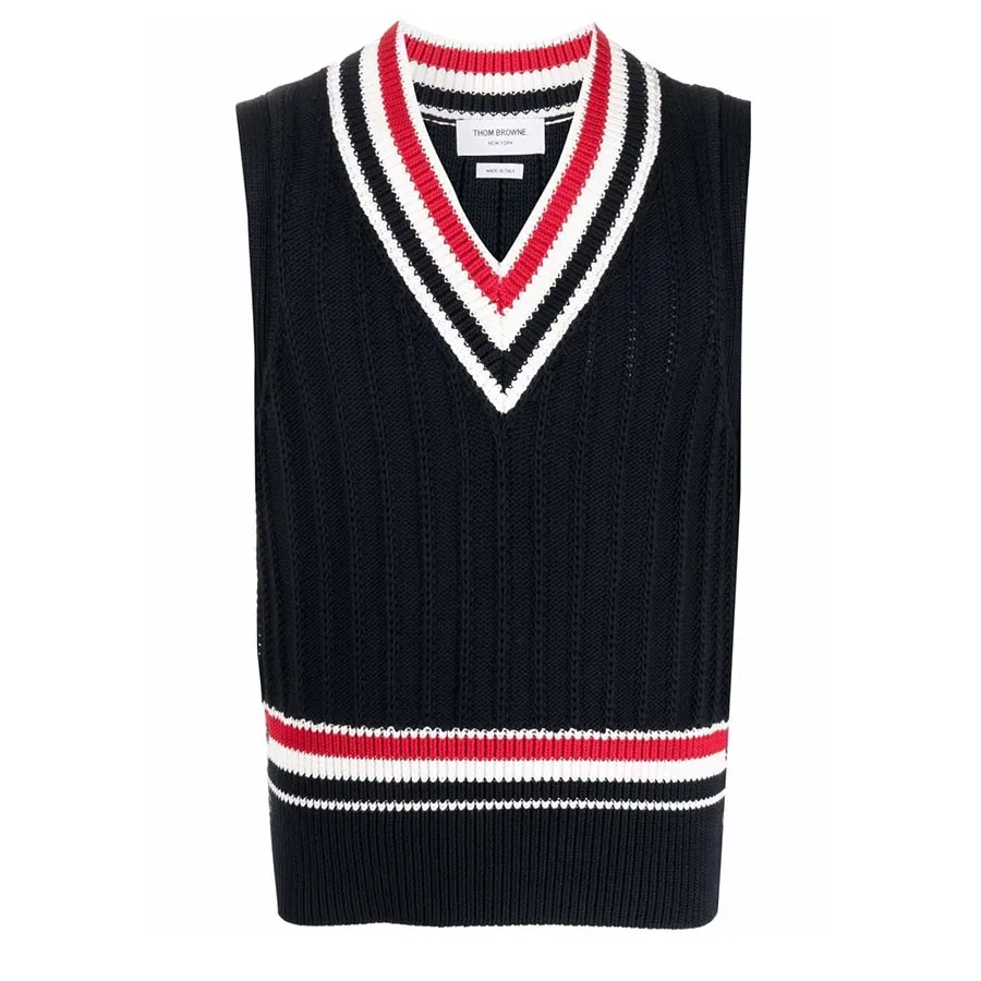 Áo Len Ghi Lê Thom Browne Stripe-Trim Knitted Vest Màu Đen Đỏ Size 1