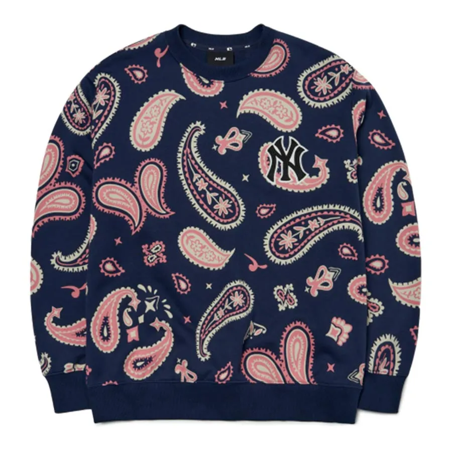 Áo Nỉ Sweater MLB Paisley Front Panel Pattern Overfit Sweatshirt New York Yankees 3AMTI0224-50NYD Màu Navy Size XS