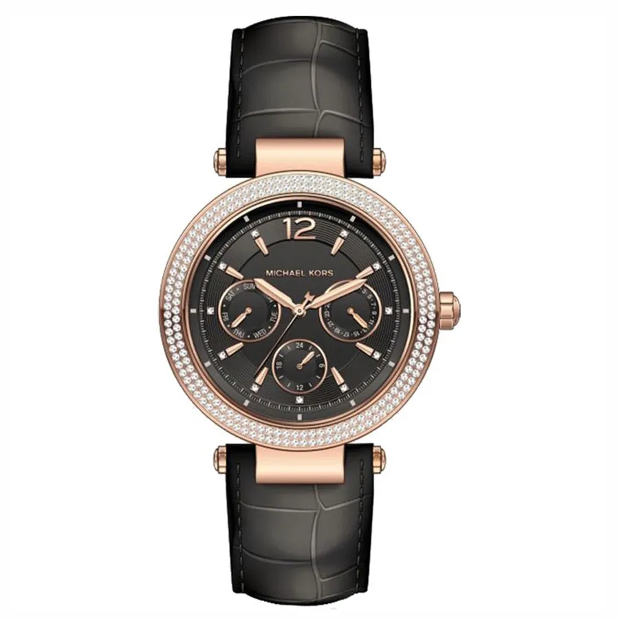 Michael Kors Đen, vàng hồng Mỹ Máy Quartz (Pin) - Đồng Hồ Nữ Michael Kors MK2547 Watch Strap Black Leather Màu Đen Phối Vàng Hồng - Vua Hàng Hiệu