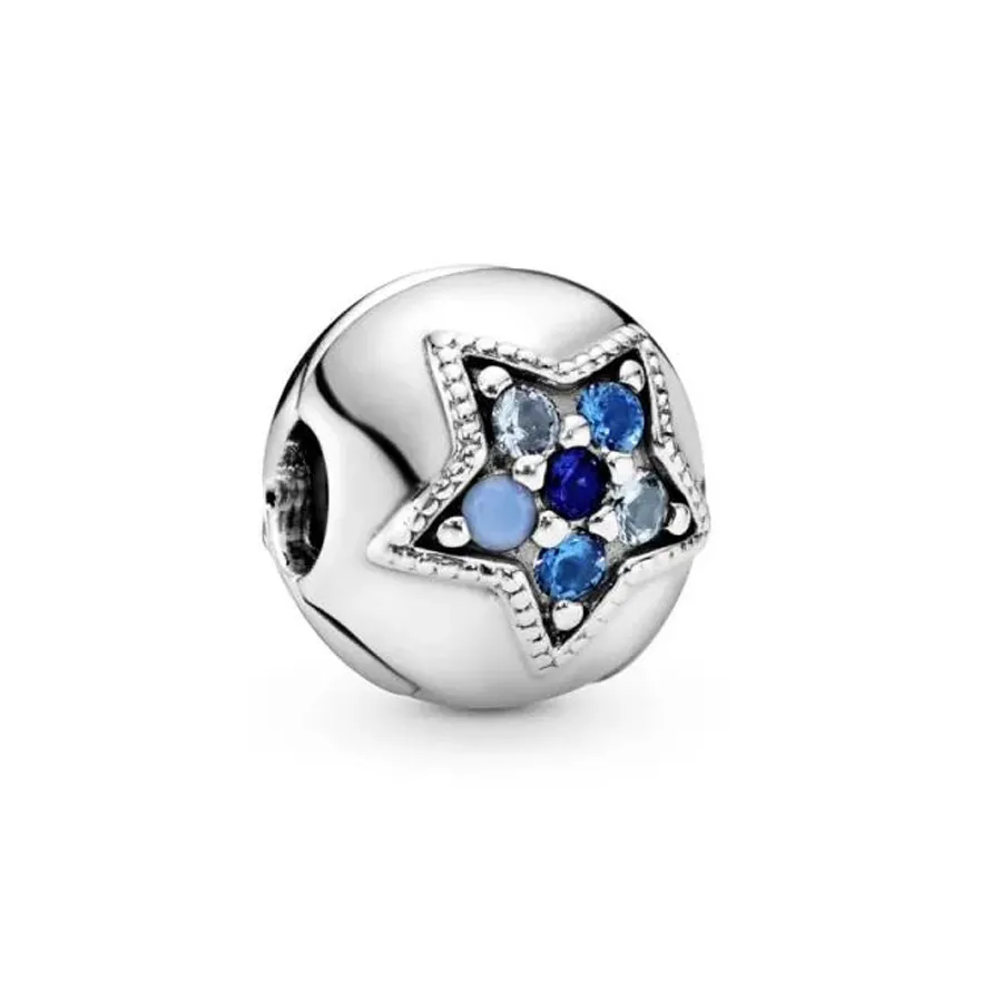 Hạt Vòng Charm Pandora Bright Blue Star Clip Charm Màu Bạc Vua
