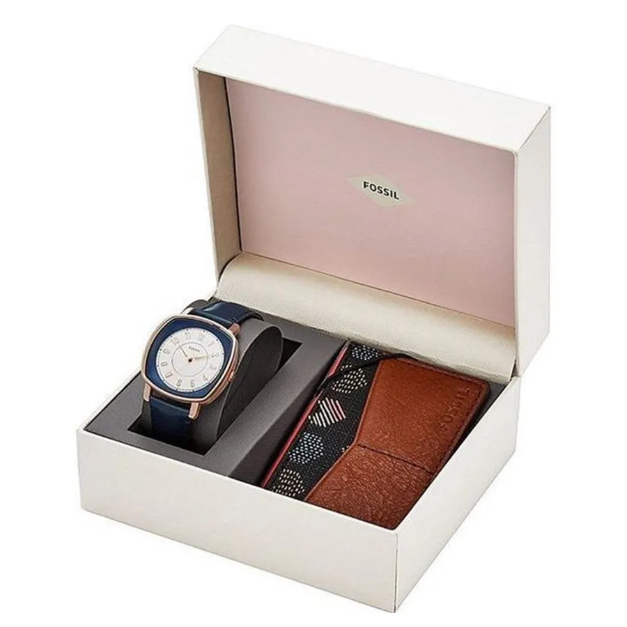Set Đồng Hồ Nữ Fossil Three-Hand Blue Leather Watch Ví Đựng Thẻ