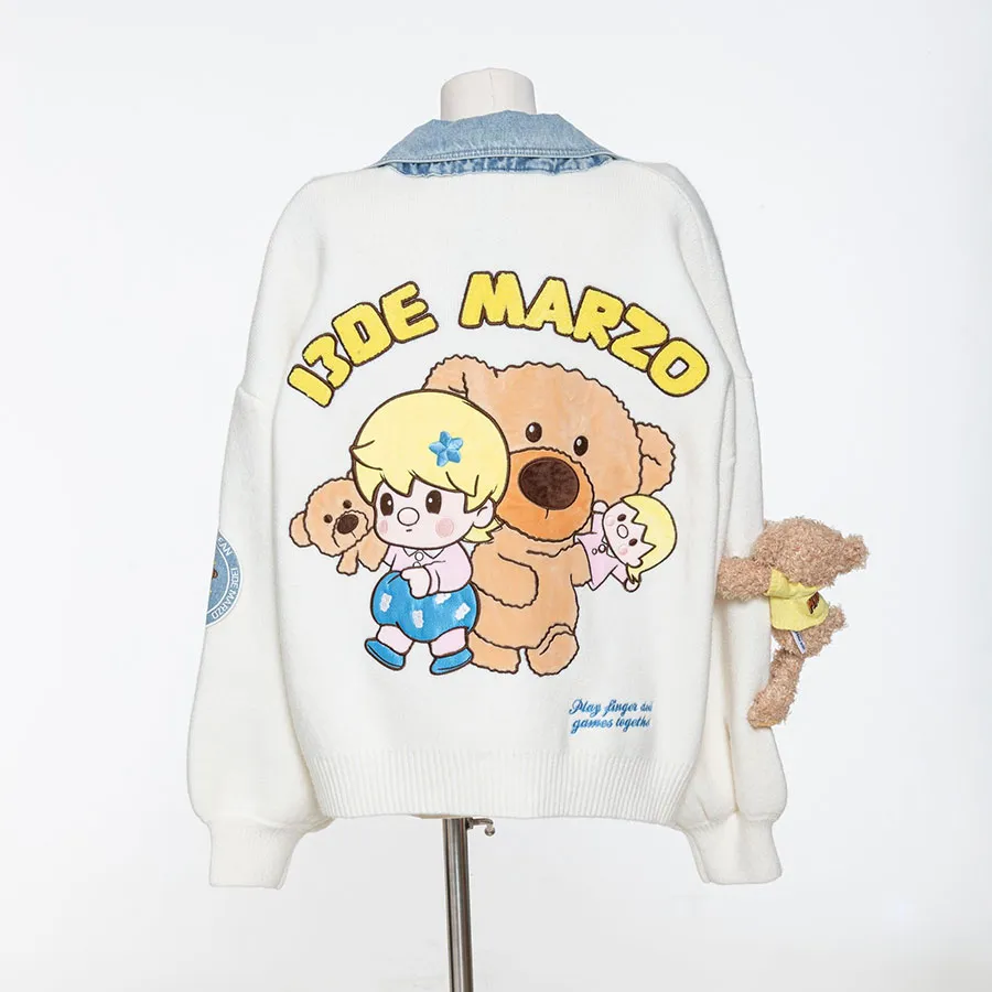 Áo Khoác 13 De Marzo x Pop Mart Sweet Bean Bear Puff Sleeve Cardigan White  FR-JX-658 Màu Trắng Xanh Size M