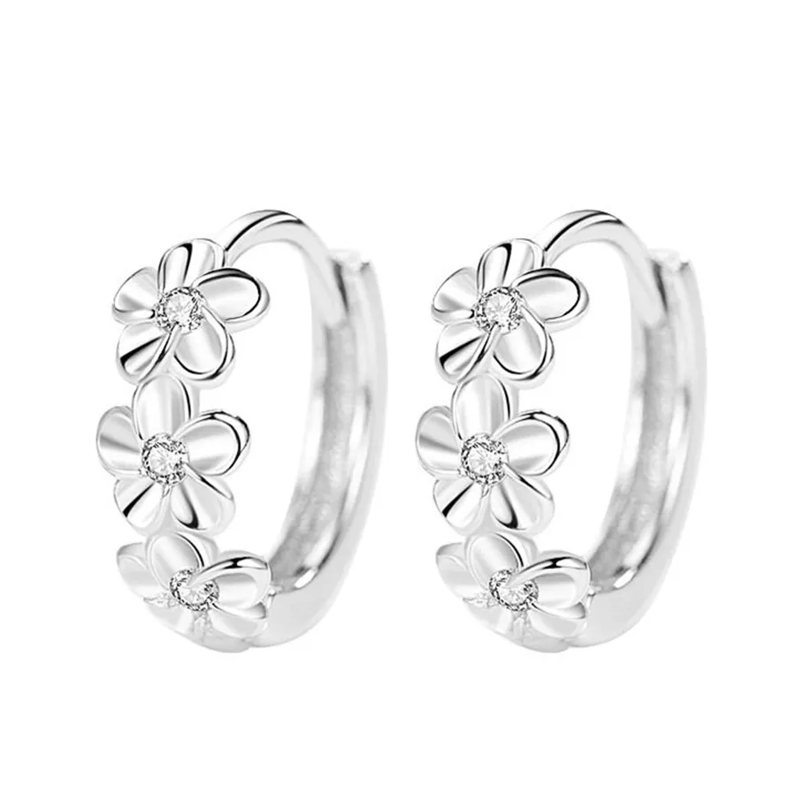 Khuyên Tai LiLi Jewelry Dạng Tròn Hình Bông Hoa Đính Đá CZ Lili_749976 Màu Bạc