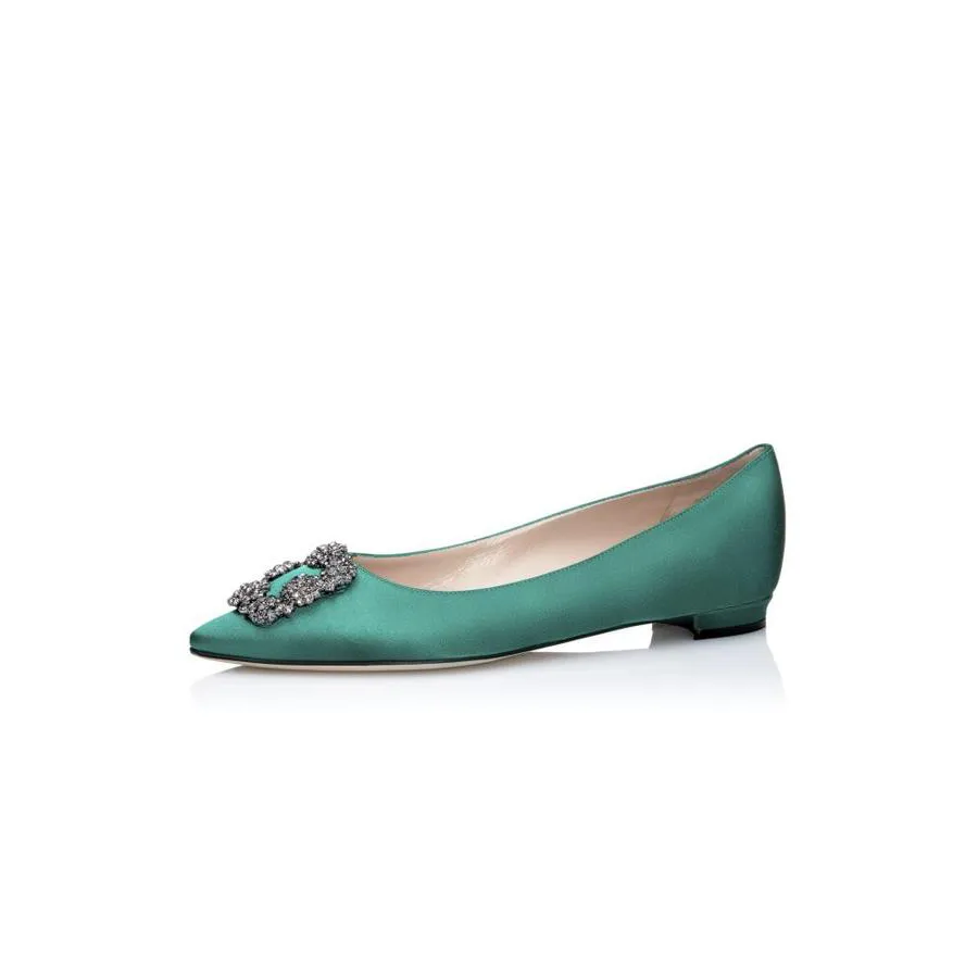 Giày - Giày Bệt Manolo Hangisifat Blahnik Green Satin Jewel Buckle Flats - Vua Hàng Hiệu