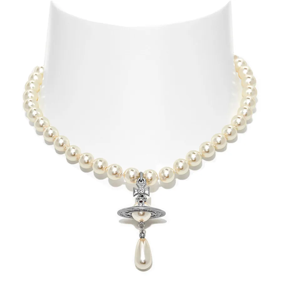 Vivienne Westwood - Dây Chuyền Vivienne Westwood One Row Pearl Drop Choker Màu Bạc - Vua Hàng Hiệu