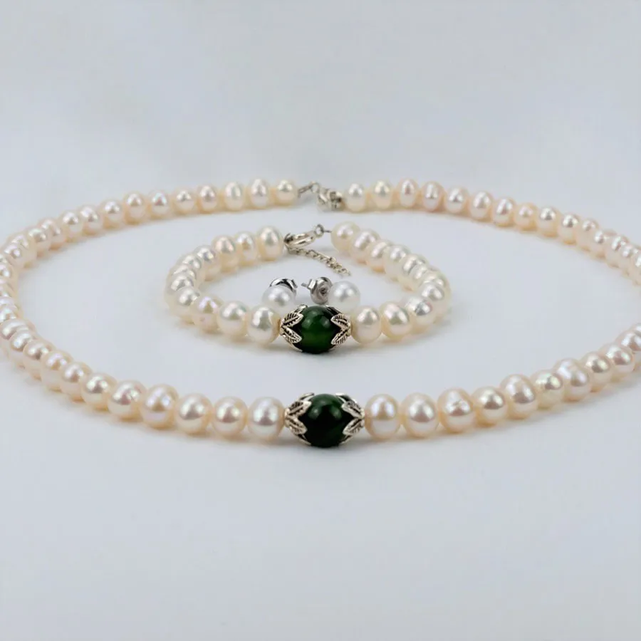 Trang sức Set Quà tặng - Set Dây Chuyền + Vòng Tay + Khuyên Tai Nữ Minh Hà Pearl Jewelry Ngọc Trai Đính Đá Màu Xanh Trắng - Vua Hàng Hiệu