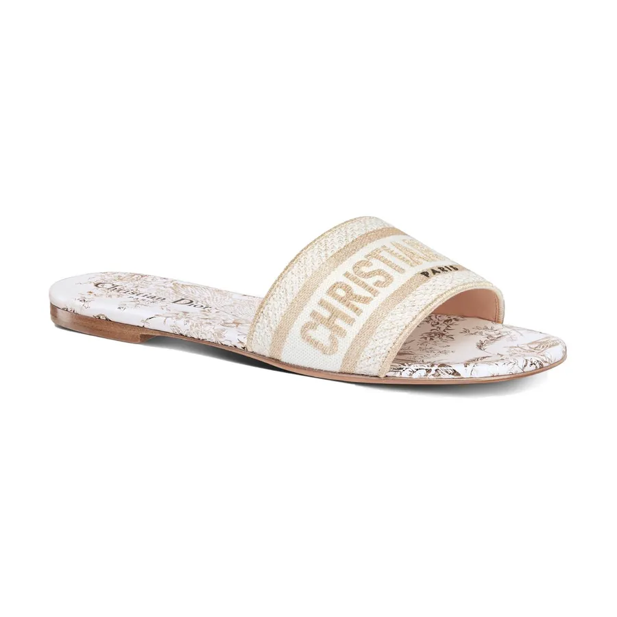 Dép Dior Dway Slide White And Gold-Tone Cotton Embroidered KCQ209JHL_S67W Màu Vàng Nhạt