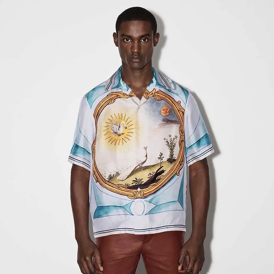 Áo Sơ Mi Nam Amiri Landscape Frame Bowling Shirt Màu Trắng Xanh