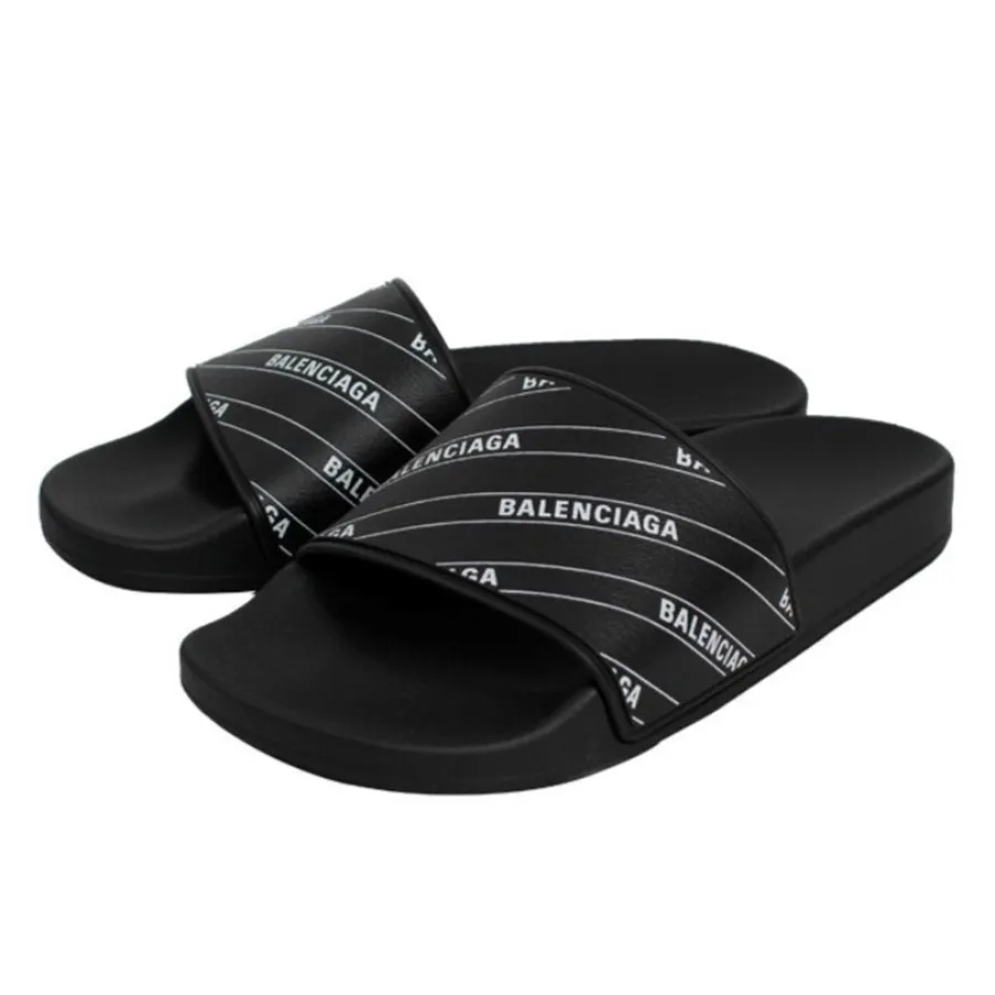 Balenciaga - Dép Balenciaga Rubber Slides Stripe Logo Piscine Màu Đen - Vua Hàng Hiệu