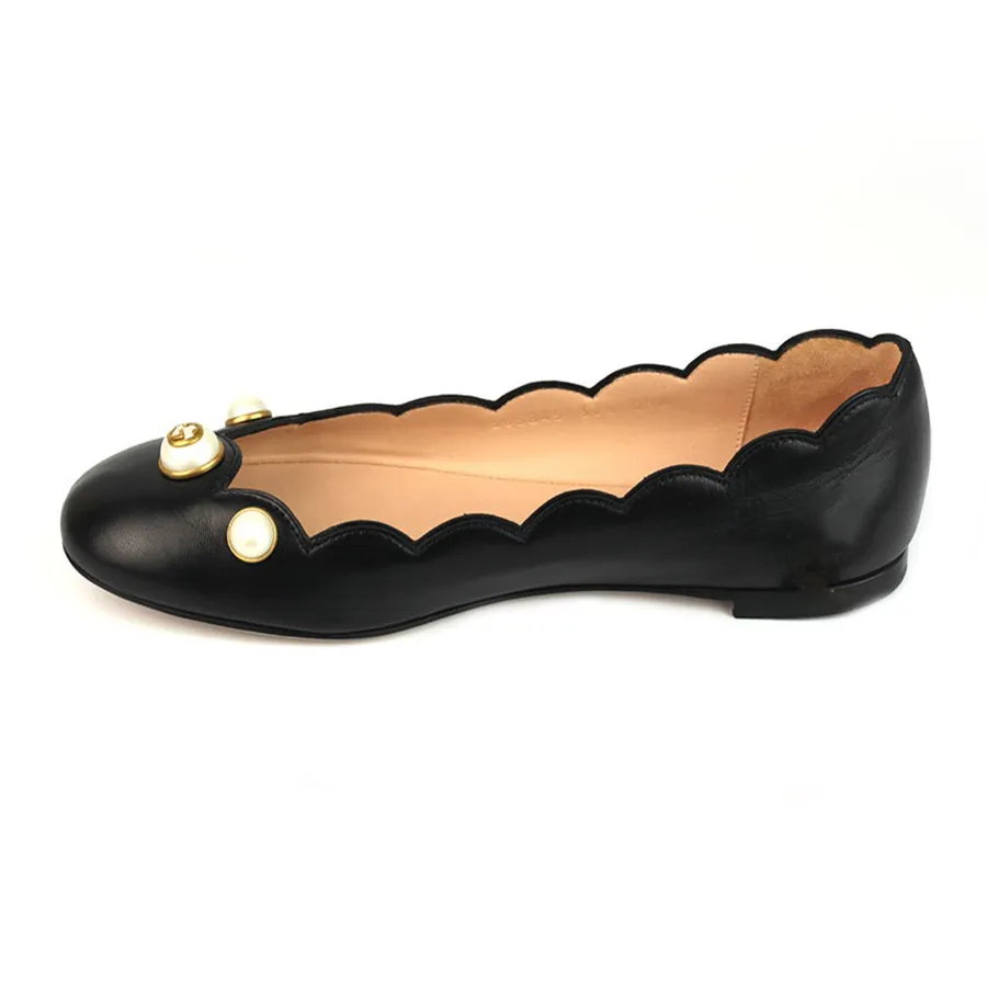 Giày Giày bệt - Giày Bệt Nữ Gucci Black Leather Pearl Detail Ballet Flats Màu Đen - Vua Hàng Hiệu