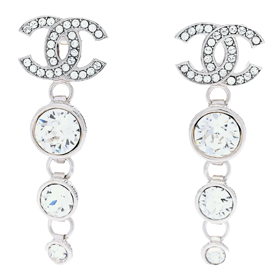 Trang sức Chanel - Khuyên Tai Nữ Chanel Silver Crystal Cc Drop Dangle Earrings Màu Bạc - Vua Hàng Hiệu