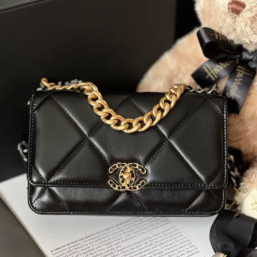 Chanel 19 Quilted Wallet on Chain WOC Grey Goatskin Mixed Hardware 20C   Coco Approved Studio