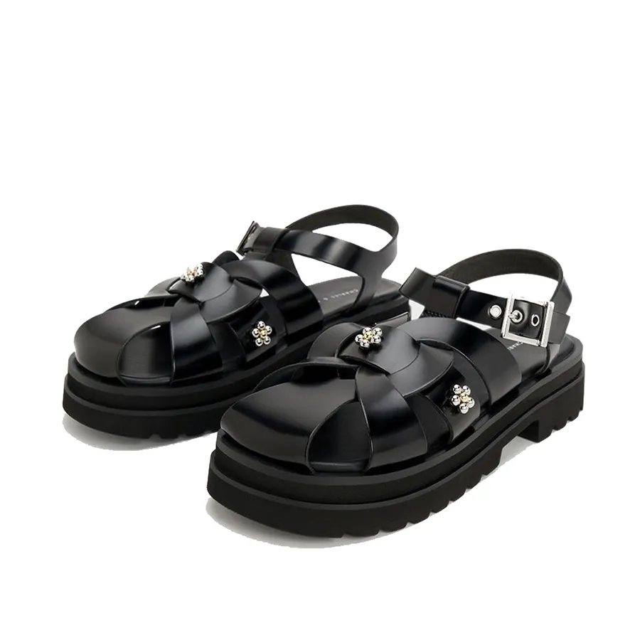 Dép Sandal Nữ Charles & Keith CNK Nell Gladiator Floral-Embellished Black Boxed 70380995 Màu Đen Size 35