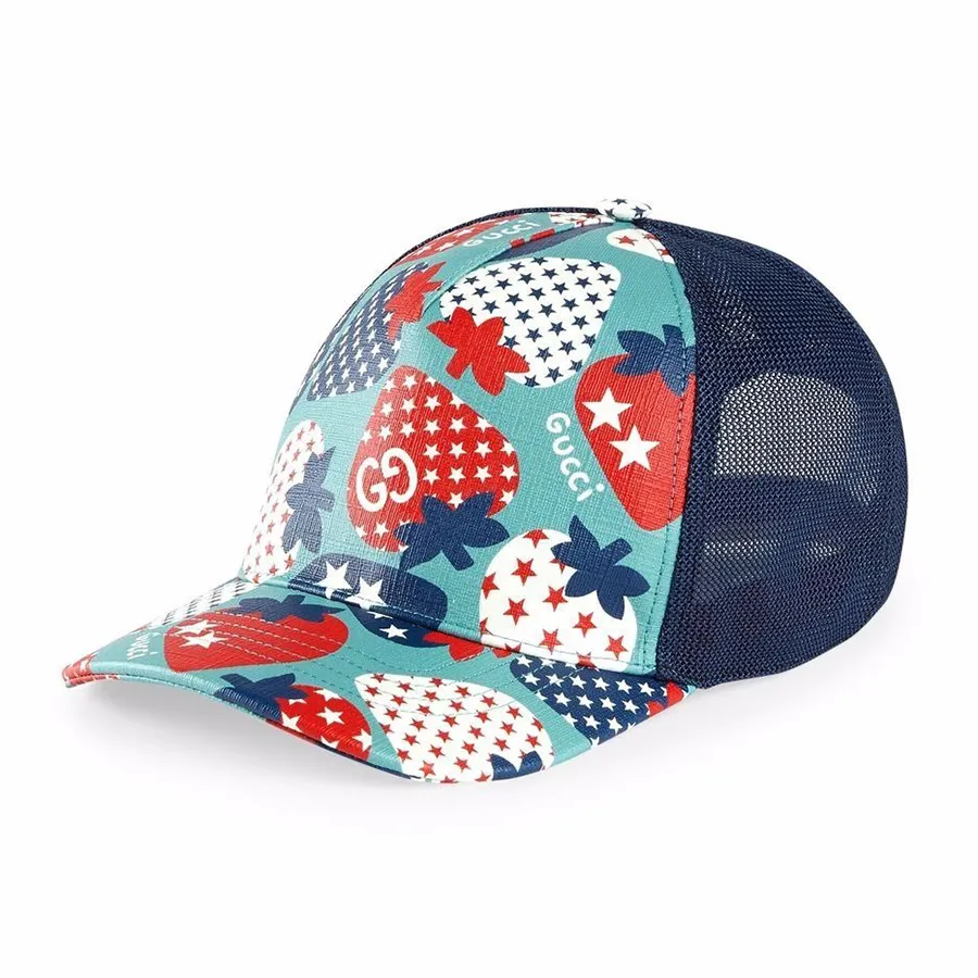 Mũ nón Trẻ em Mũ lưỡi trai - Mũ Trẻ Em Gucci Kids Strawberry Print Baseball Cap In Blue Màu Xanh Size L - Vua Hàng Hiệu