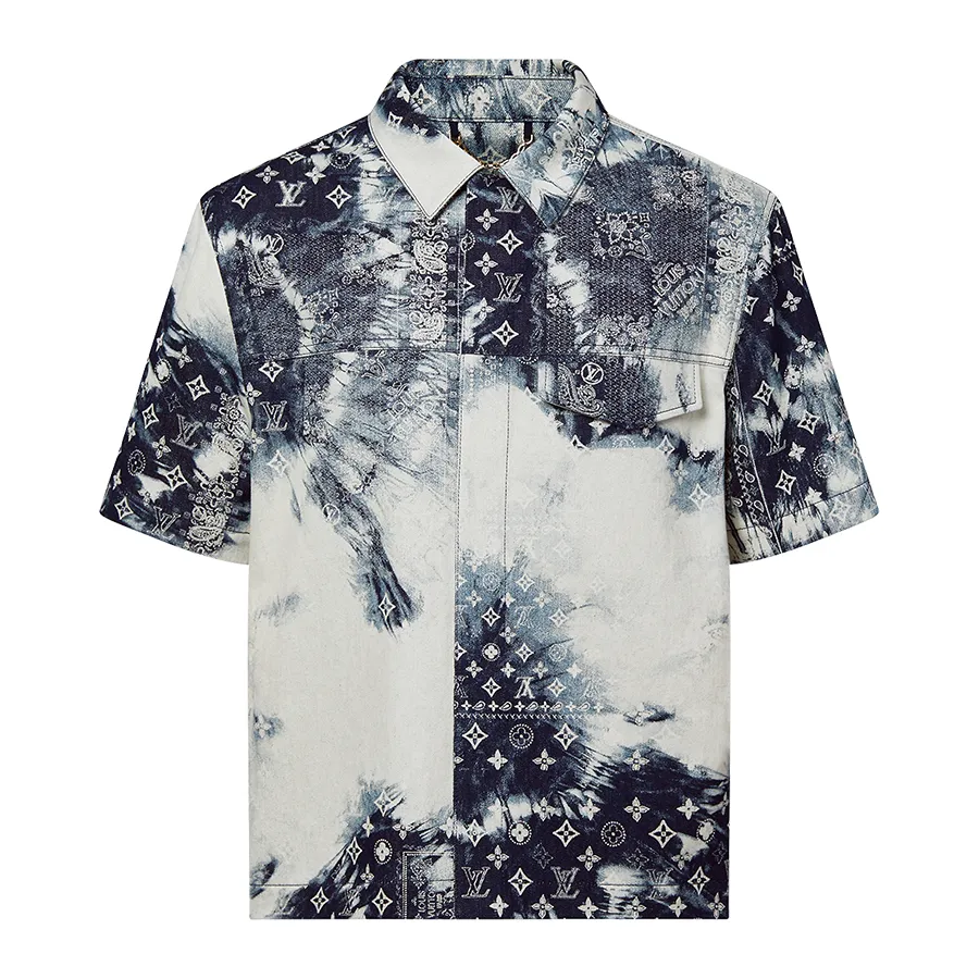 Áo Sơ Mi Nam Louis Vuitton LV Monogram Bandana Short-Sleeved Denim Shirt 1AA852 Màu Xanh Trắng Size XS