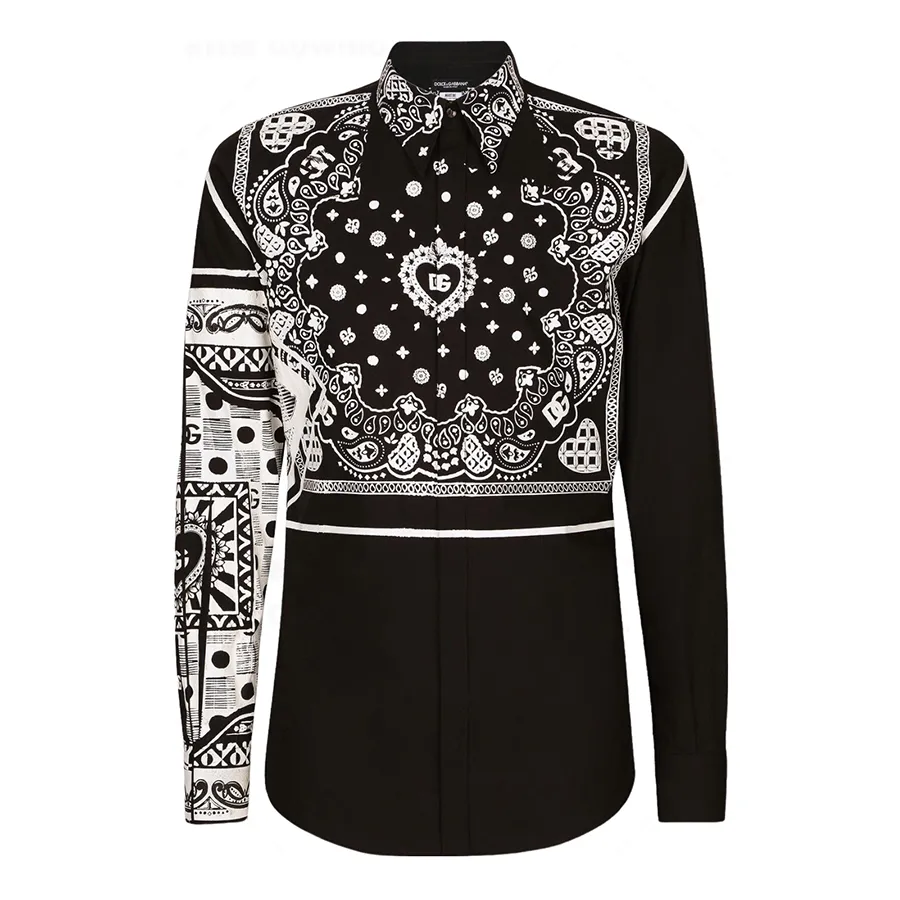 Dolce & Gabbana Đen trắng - Áo Sơ Mi Nam Dolce & Gabbana D&G Martini-Fit Shirt With Bandanna Print G5JL8TGF102N0000 Màu Đen Trắng Size 38 - Vua Hàng Hiệu