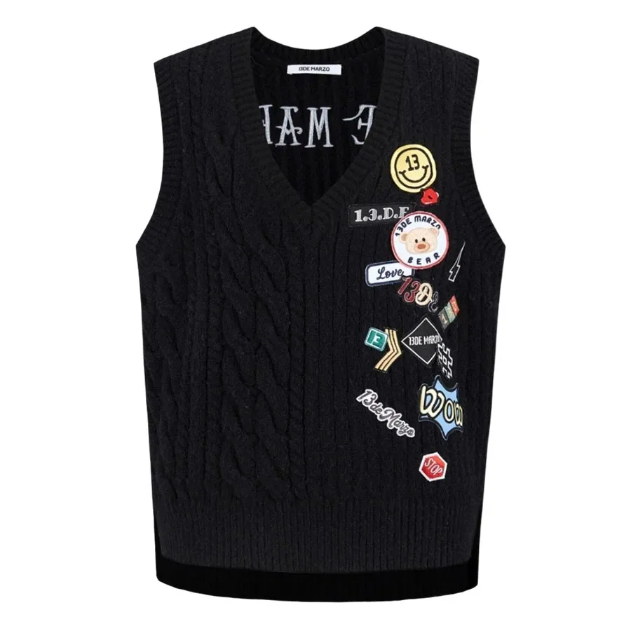 Thời trang 13 De Marzo Len - Áo Len Nữ 13 De Marzo Black Badges Knit Vest Tap Shoe FR0327-00101 Màu Đen - Vua Hàng Hiệu