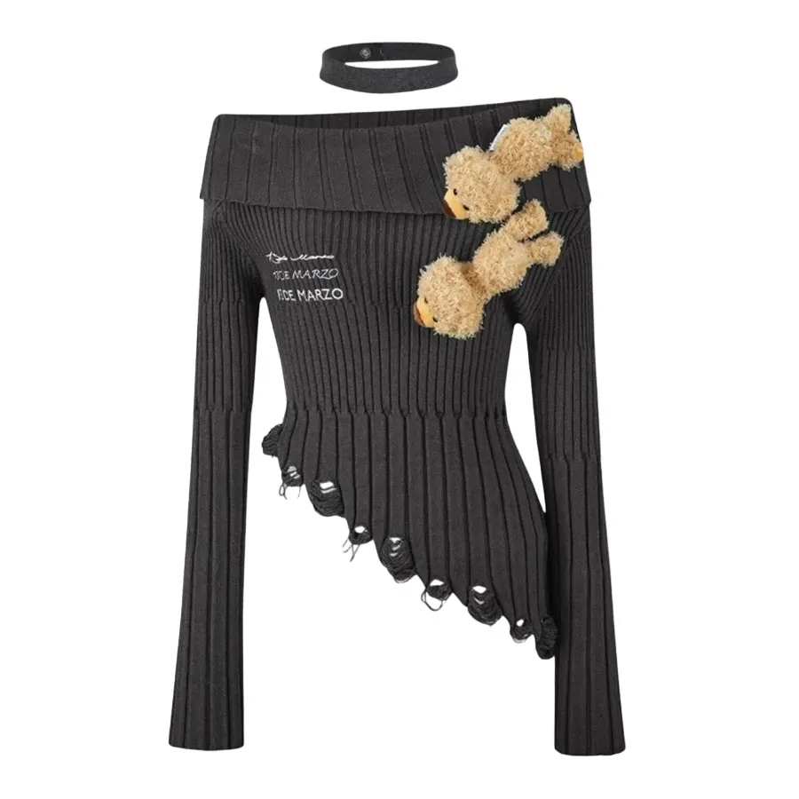 Thời trang 13 De Marzo Len - Áo Len Nữ 13 De Marzo Black Multi Bears Knit Crop Top FR0526-0010 Màu Đen - Vua Hàng Hiệu
