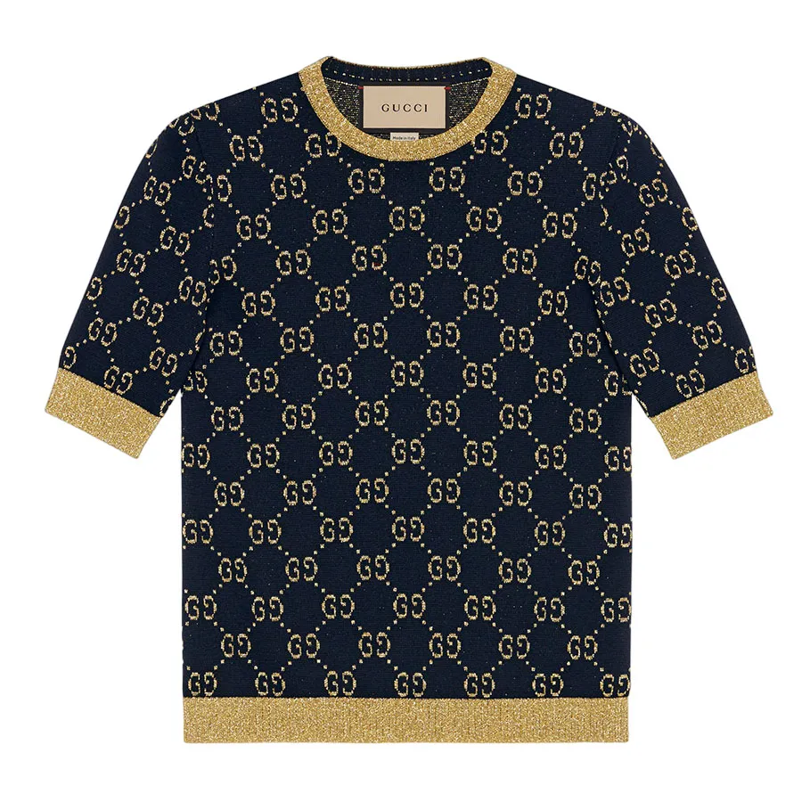 Thời trang Gucci Áo phông - Áo Phông Nữ Gucci Navy With GG Lame Logo Printed Tshirt 526759 X9W83/4921 Màu Xanh Phối Vàng - Vua Hàng Hiệu
