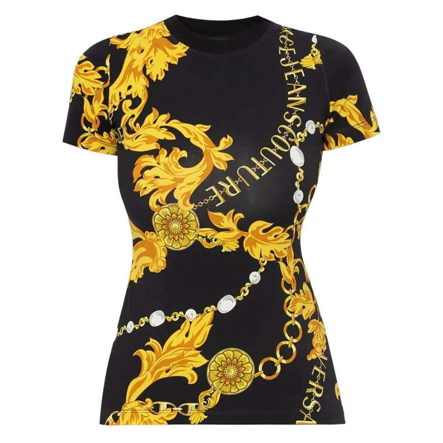 Thời trang Versace Đen - vàng - Áo Phông Nữ Versace Jean Couture Black Patterned Tshirt 75HAH608 JS214 G89 Màu Đen Vàng - Vua Hàng Hiệu