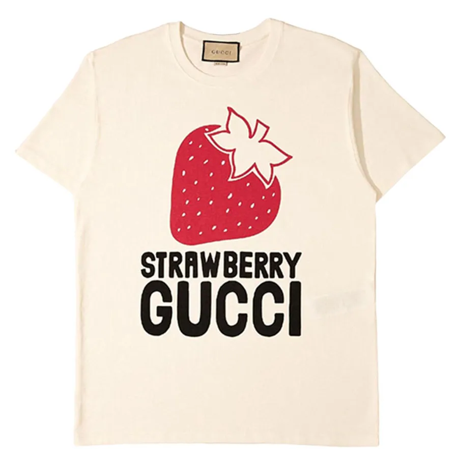 Thời trang Gucci Áo phông - Áo Phông Unisex Gucci Strawberry Cotton TShirt Màu Be - Vua Hàng Hiệu