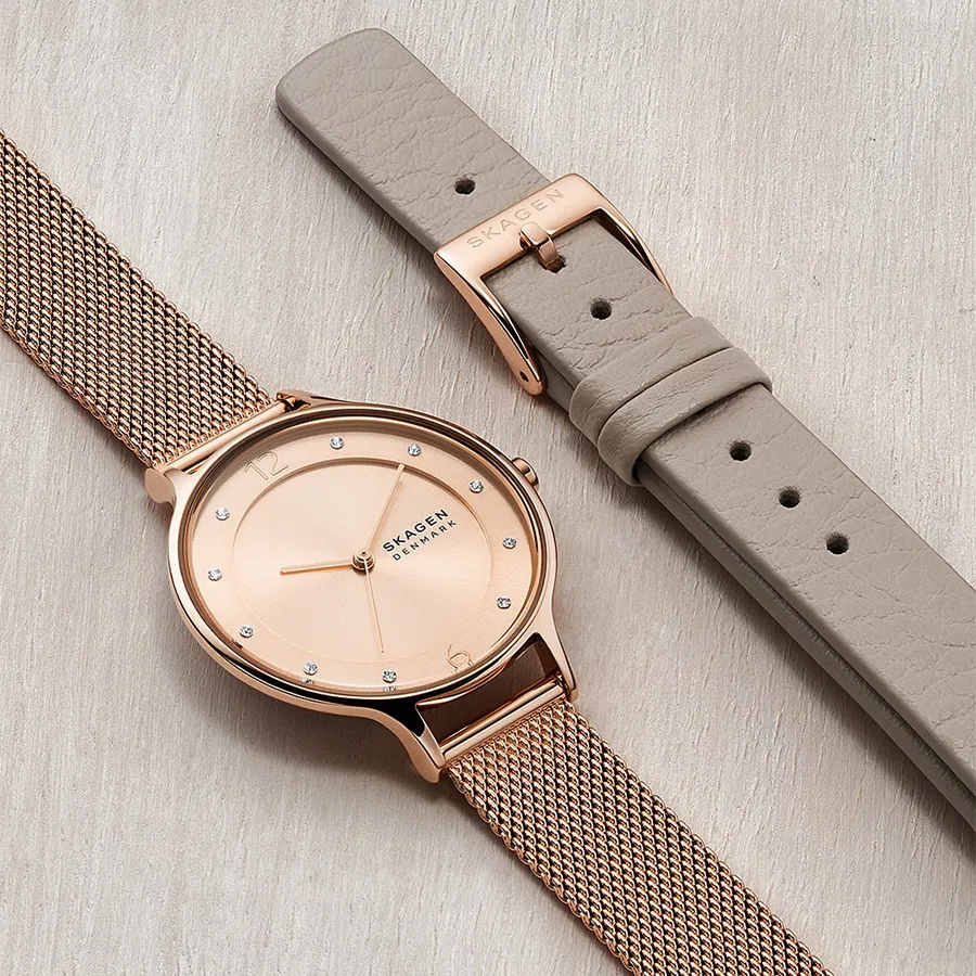 Đồng Hồ Nữ Skagen Anita Lille Three-Hand Rose Gold Stainless Steel Mesh  Watch SKW1150SET Màu Vàng Hồng (Kèm Dây Da)