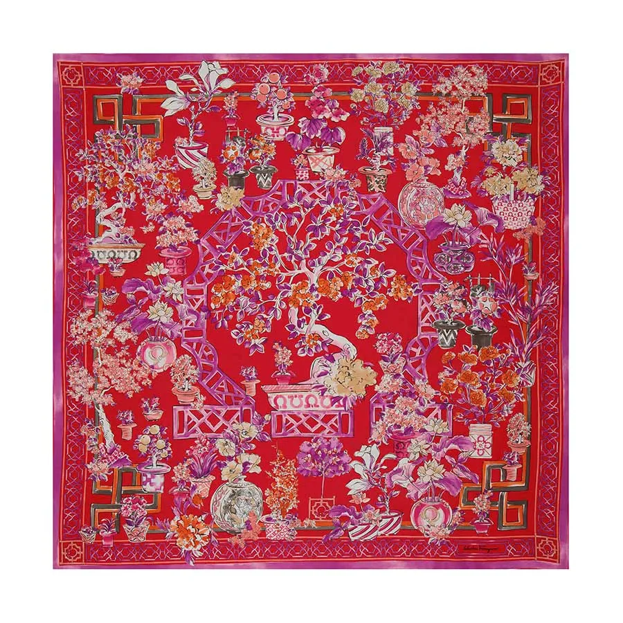 Thời trang Salvatore Ferragamo - Khăn Nữ Salvatore Ferragamo Bonsai Red Print Silk Foulard Scarf Màu Đỏ Tím - Vua Hàng Hiệu