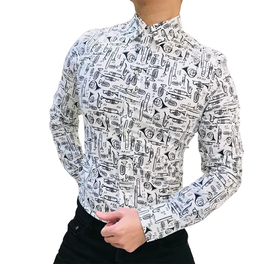 Dolce & Gabbana Đen trắng - Áo Sơ Mi Nam Dolce & Gabbana D&G Men's Instruments Print Long Sleeve Shirt G5DB2T Màu Đen Trắng Size 38 - Vua Hàng Hiệu