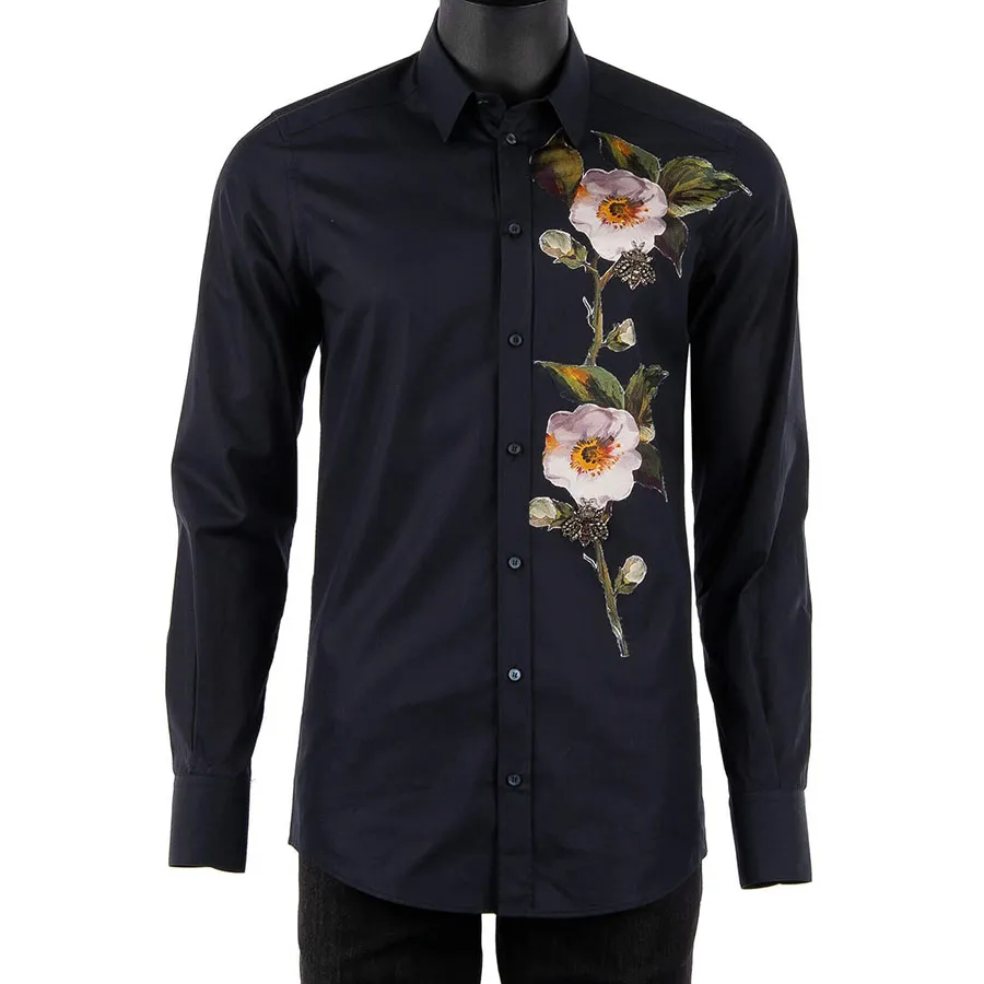 Thời trang Dolce & Gabbana Xanh navy - Áo Sơ Mi Nam Dolce & Gabbana D&G Shirt With Flowers Bees Embroidery G5DM6Z Màu Xanh Navy Size 37 - Vua Hàng Hiệu