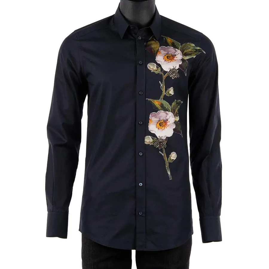 Dolce & Gabbana Xanh navy - Áo Sơ Mi Nam Dolce & Gabbana D&G Shirt With Flowers Bees Embroidery G5DM6Z Màu Xanh Navy Size 37 - Vua Hàng Hiệu