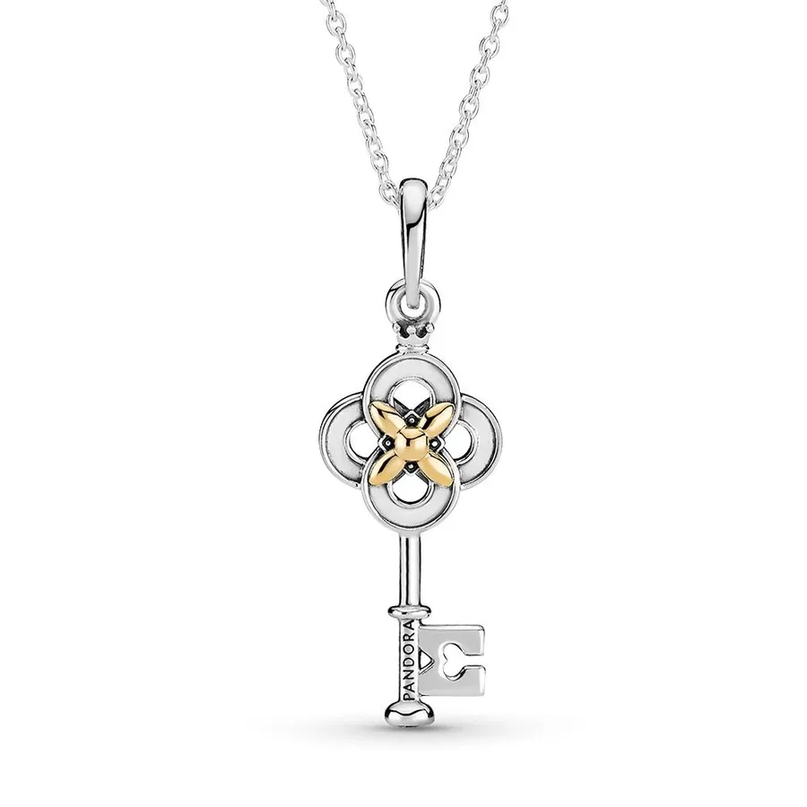 Trang sức Pandora Bạc sterling, đá zirconia, vàng 14k - Dây Chuyền Nữ Pandora Two-Tone Key & Flower Necklace 399339C01 Màu Bạc Vàng - Vua Hàng Hiệu