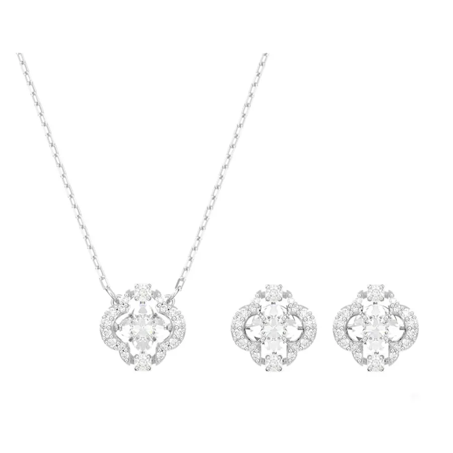 Trang sức - Set Dây Chuyền + Khuyên Tai Nữ Swarovski Sparkling Dance Set Mixed Cuts, Clover, White, Rose Gold-Tone Plated 5642929 Màu Bạc Trắng - Vua Hàng Hiệu